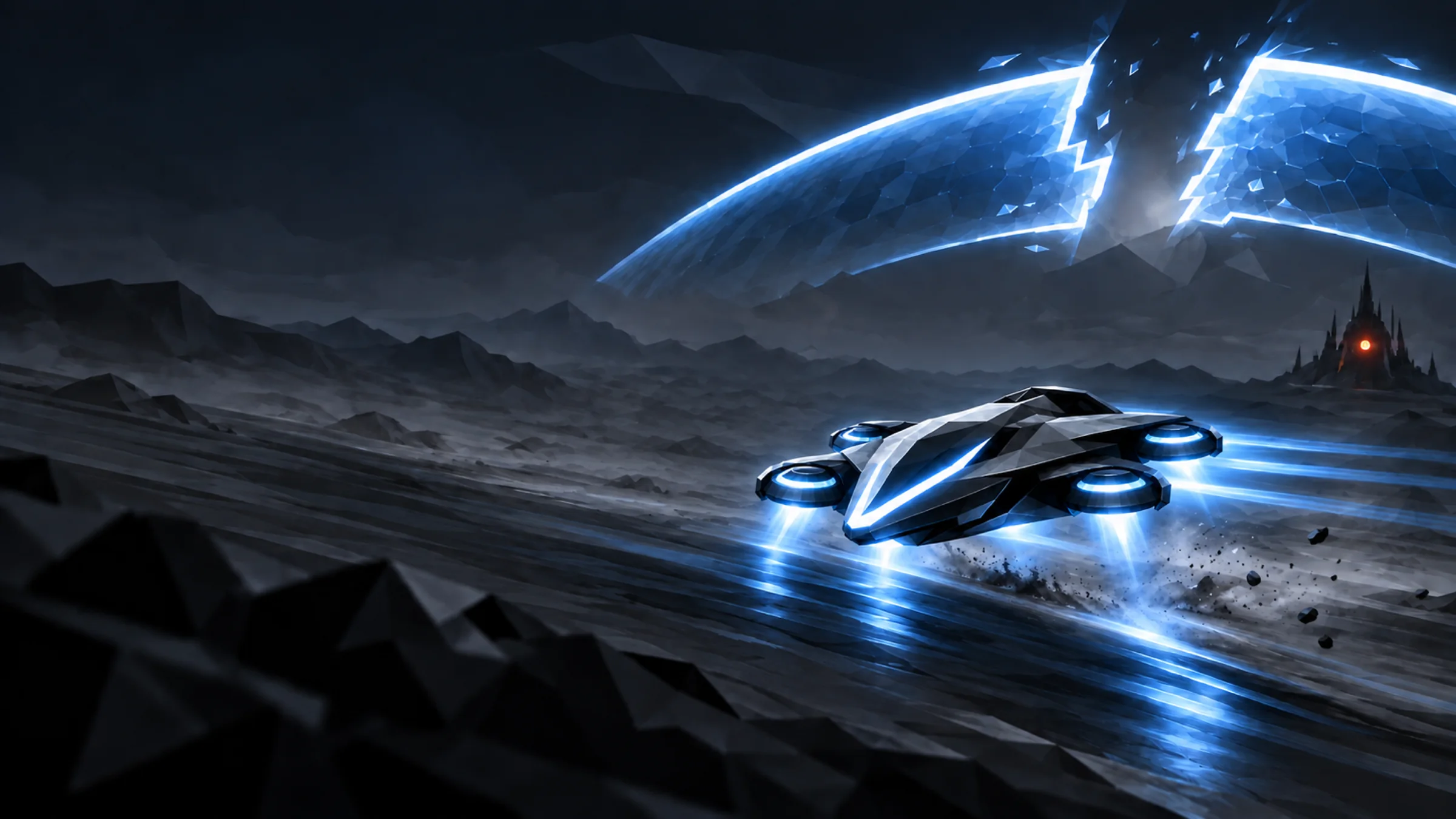 A hover glider racing low over a dark alien plain beneath a shattered sky shield